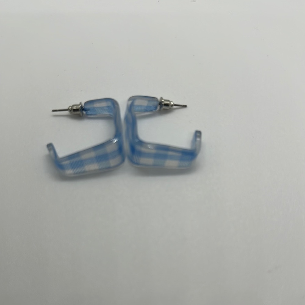 Blue & White Plaid Gingham Resin Acrylic Hoop Earrings Statement Jewelry